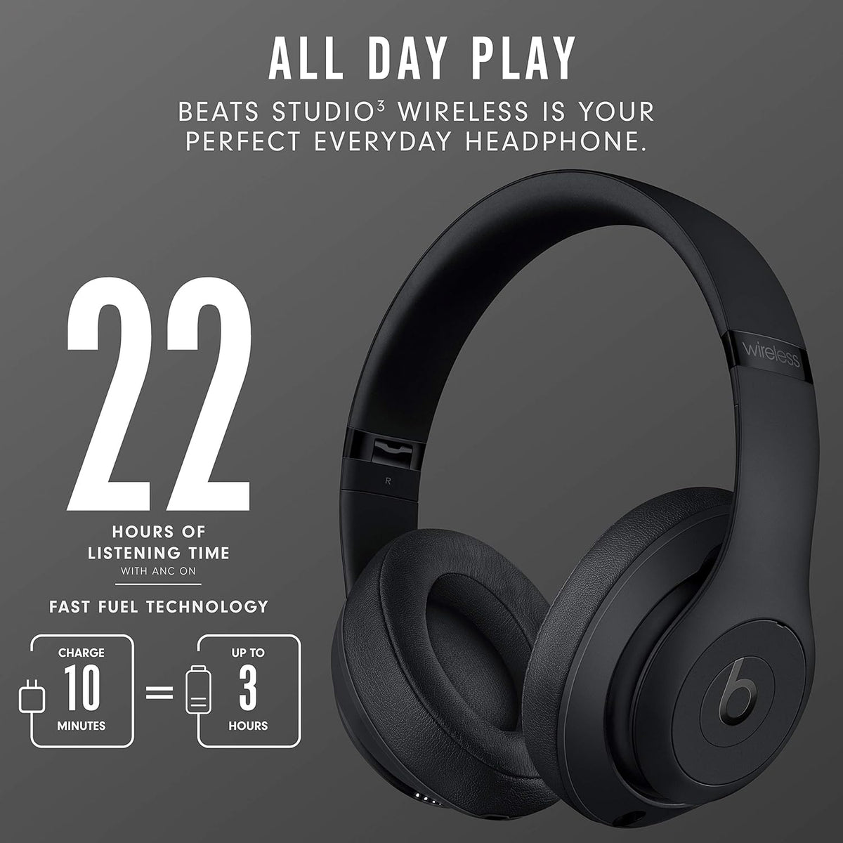 Beats Studio3 Wireless Noise Cancelling Over-Ear Headphones Matte Black (Latest Model)