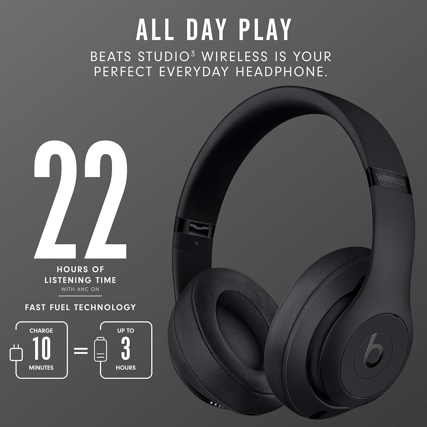 Beats Studio3 Wireless Noise Cancelling Over-Ear Headphones Matte Black (Latest Model)