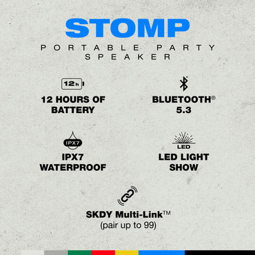 Skullcandy Stomp Bluetooth Speaker - IPX7 Waterproof Wireless Portable Speaker, with LED Lightshow & Strobe Modes, 12 Hour Battery, Multi-Link, & USB-C & USB-A Output Charging (Stomp, Black)