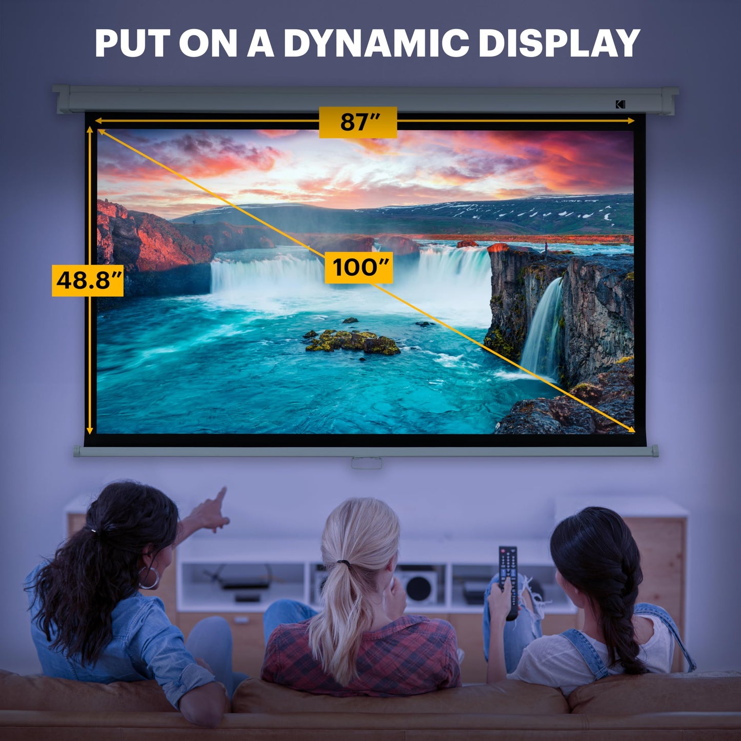 KODAK Manual Pull-Down White Projector Screen 100" Inch | Large 16:9 Office, Home Movie Theater Screen with Wall & Ceiling Mount Options, Easy-Clean Matte Fabric & Retractable Hanging Design | Indoor.