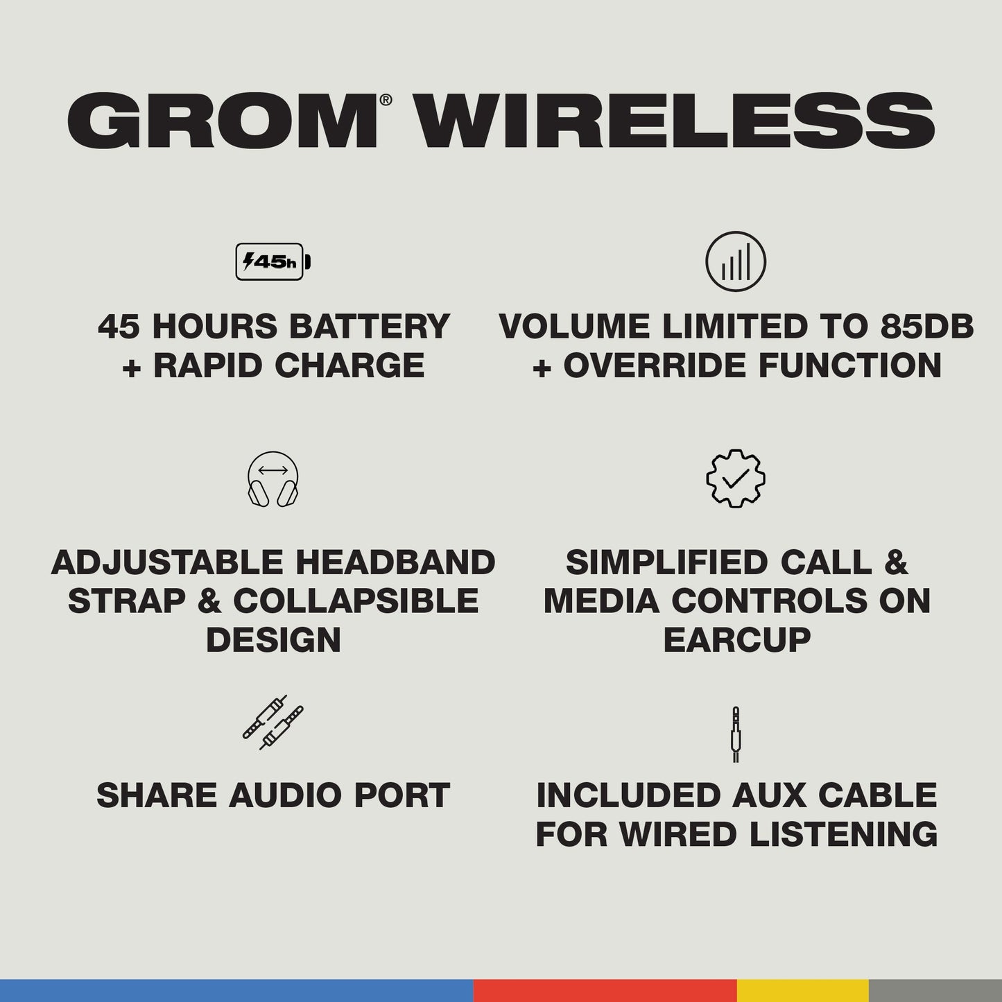 Skullcandy Grom Over-Ear Wireless Headphones for Kids, 45 Hr Battery, Volume-Limiting, Works with iPhone Android and Bluetooth Devices - Black