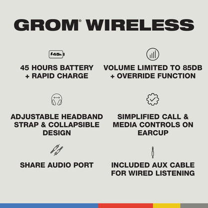 Skullcandy Grom Over-Ear Wireless Headphones for Kids, 45 Hr Battery, Volume-Limiting, Works with iPhone Android and Bluetooth Devices - Black