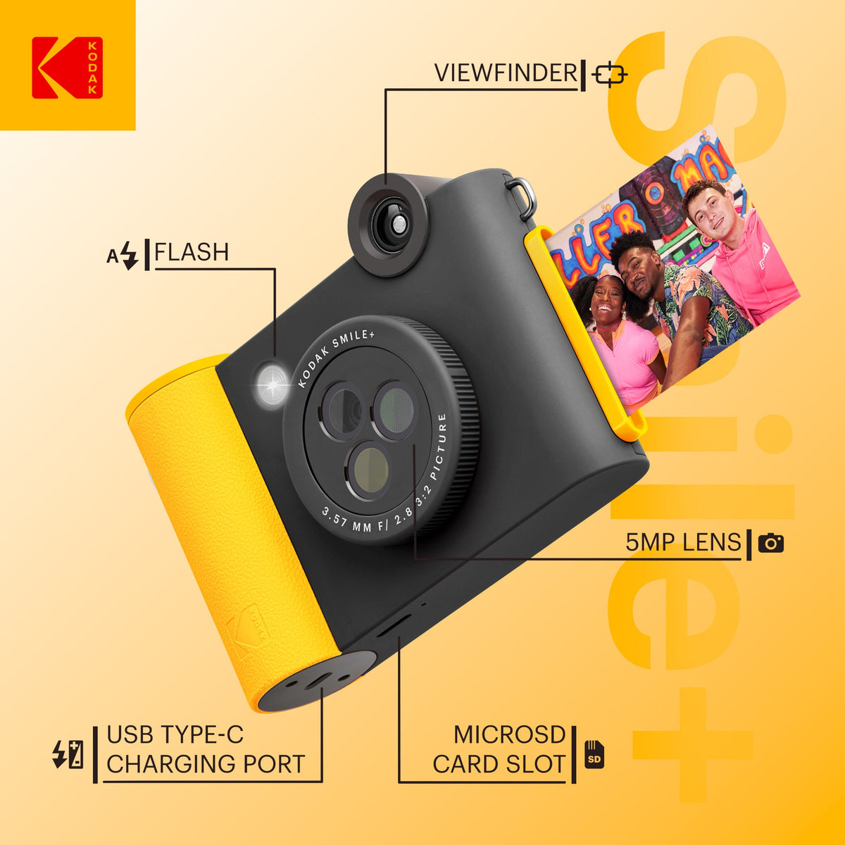 Kodak Smile+ 2-in-1 Instant Print Camera and Bluetooth Photo Printer, 10MP - Black