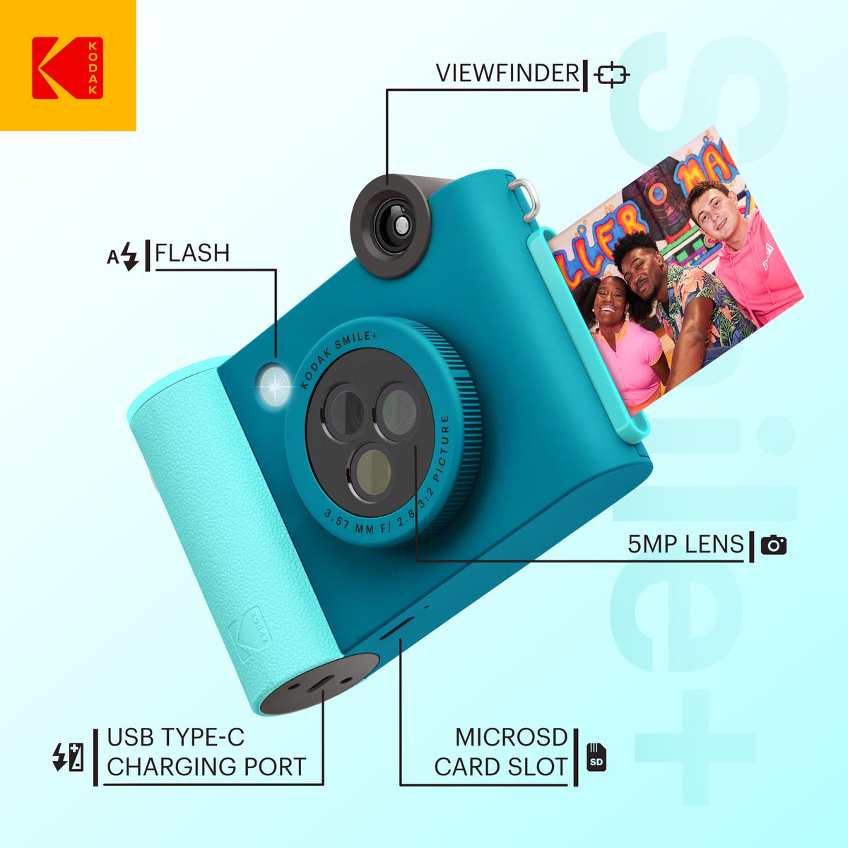 Kodak Smile+ 2-in-1 Instant Print Camera and Bluetooth Photo Printer, 10MP - Blue