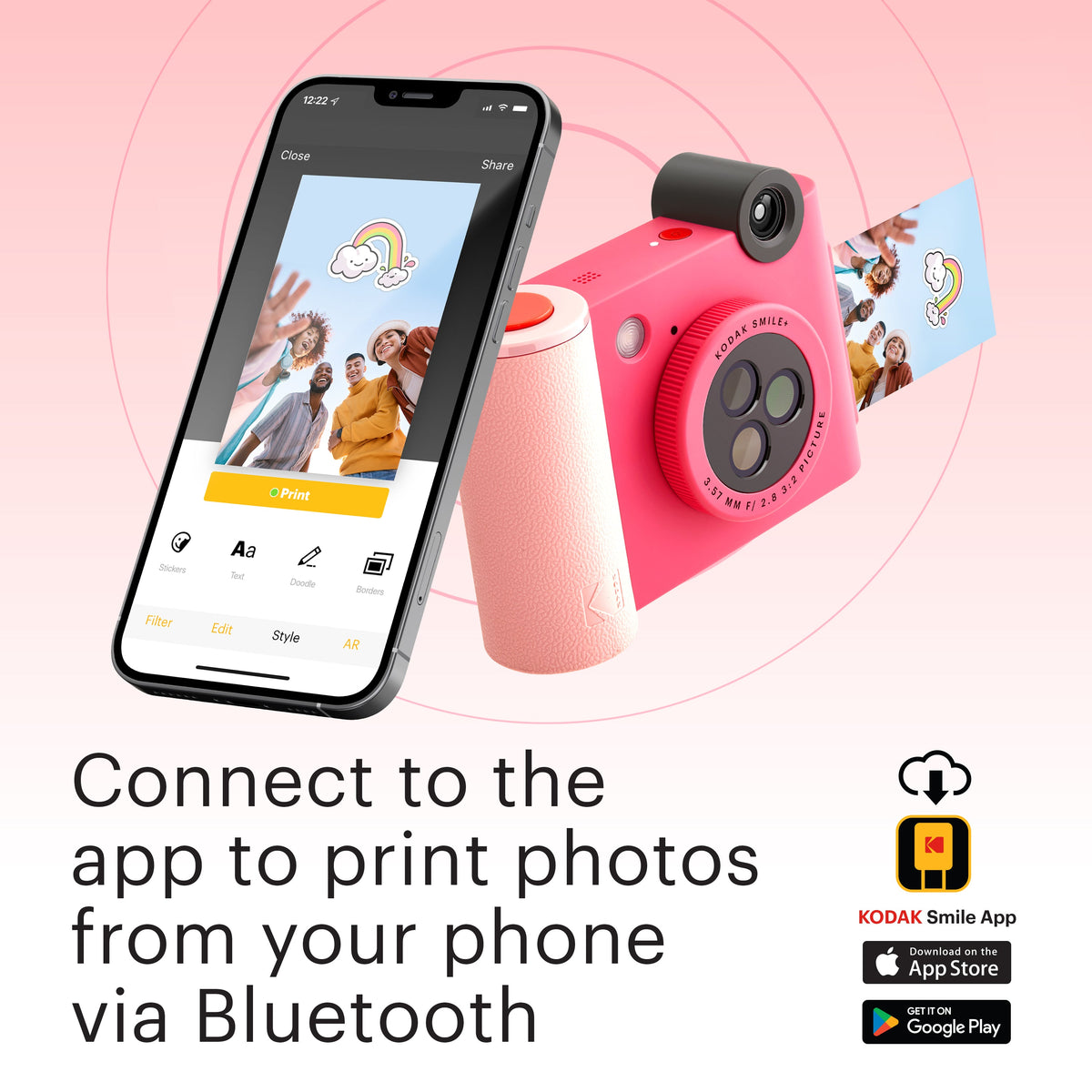 Kodak Smile+ 2-in-1 Instant Print Camera and Bluetooth Photo Printer, 10MP - Fuchsia