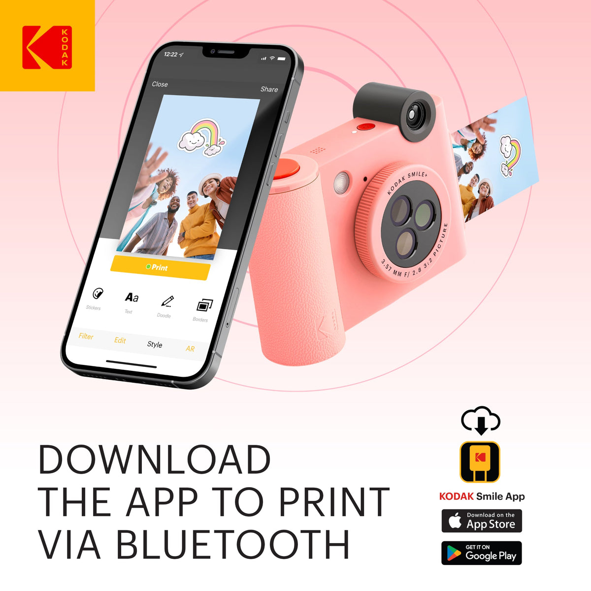 Kodak Smile+ 2-in-1 Instant Print Camera and Bluetooth Photo Printer, 10MP - Pink