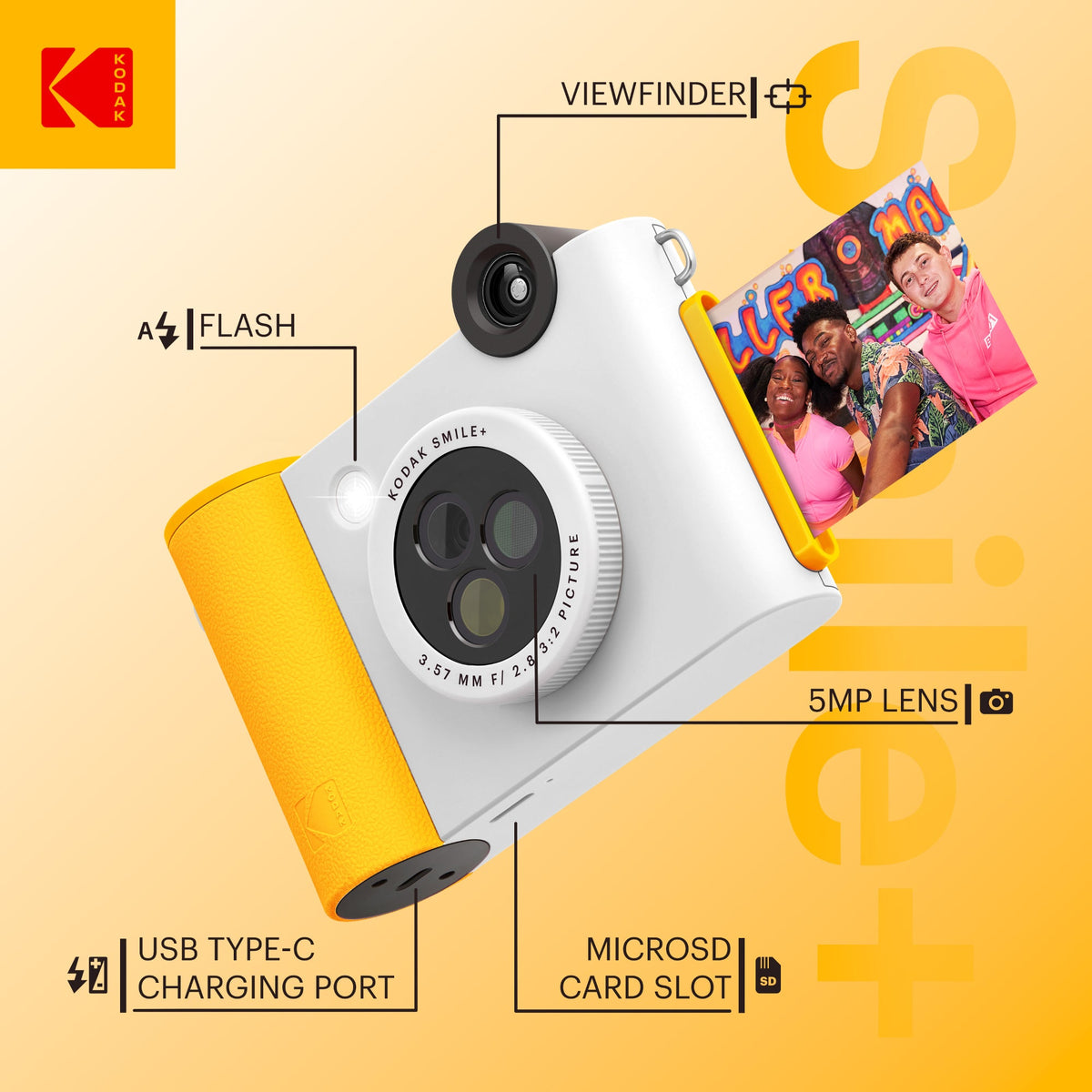 Kodak Smile+ 2-in-1 Instant Print Camera and Bluetooth Photo Printer, 10MP - White